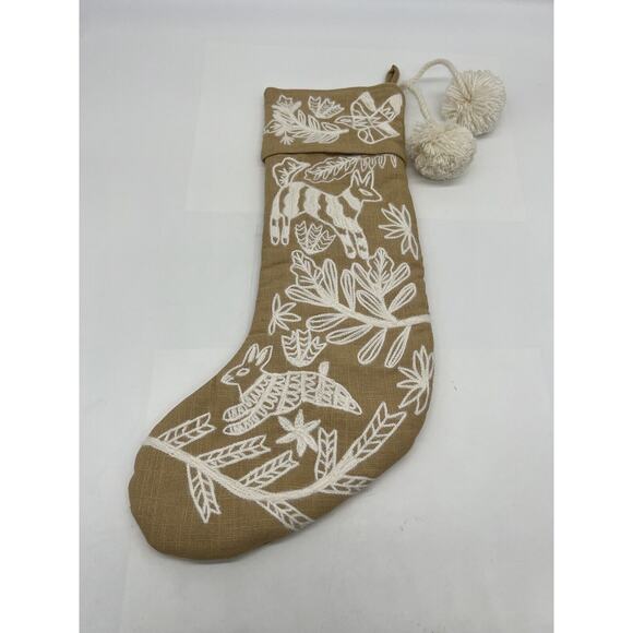 New Anthropologie Forage Pom Pom Stocking Embroidered Tan White - Picture 2 of 7